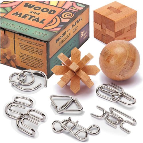 Brain Teasers Metal and Wooden Puzzles for Kids and Adults 9 Pack Games, 3D Coil Cast Wire Chain and Durable Wood Educational Toys